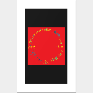 Red O'Clock with Numbers, watercolor in red blue lime green yellow Posters and Art